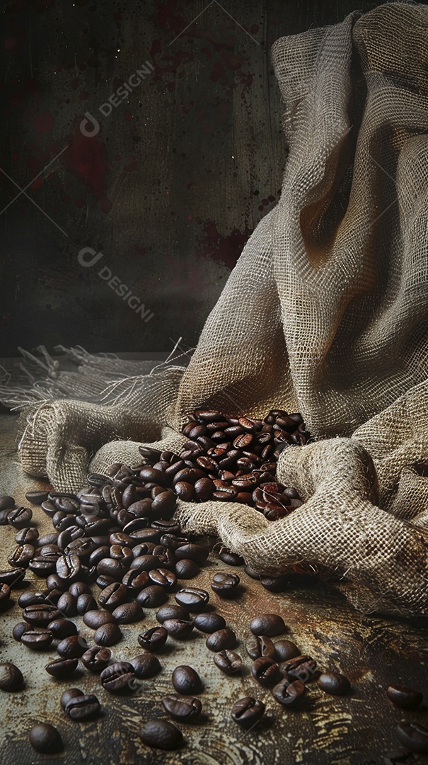Fotografia de produto de grãos de café caindo de um saco de estopa aparência rústica ultra realista