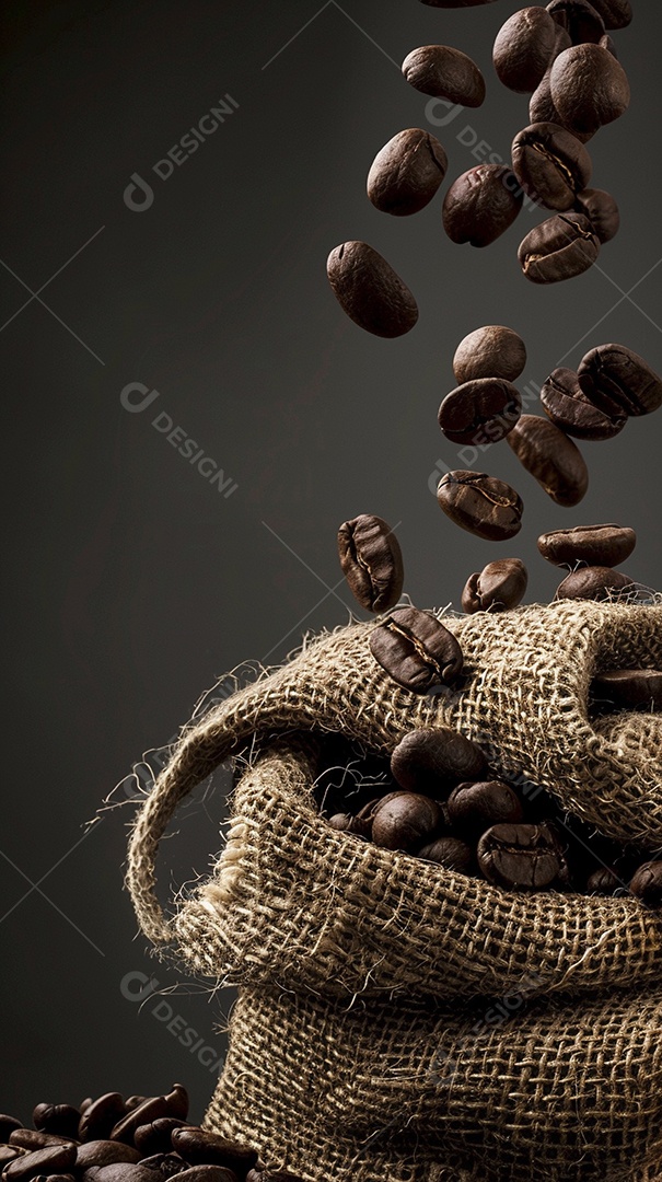 Fotografia de produto de grãos de café caindo de um saco de estopa aparência rústica ultra realista
