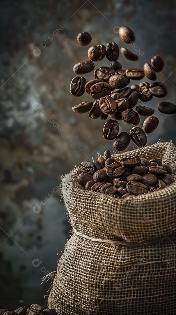 Fotografia de produto de grãos de café caindo de um saco de estopa aparência rústica ultra realista