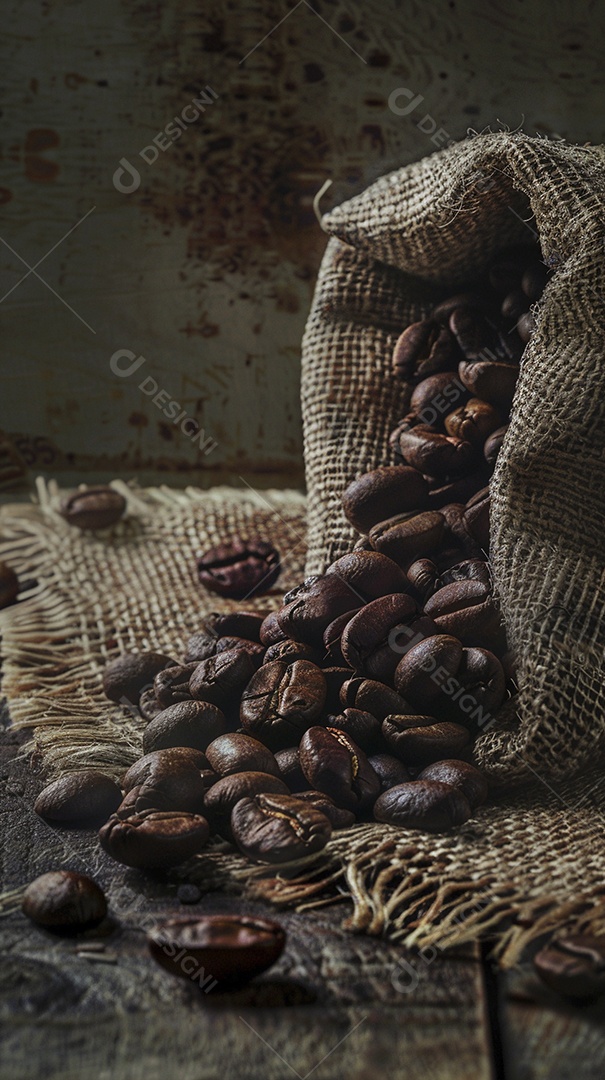 Fotografia de produto de grãos de café caindo de um saco de estopa aparência rústica ultra realista