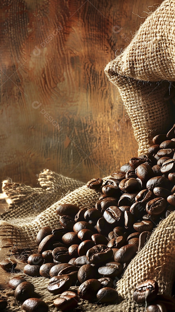 Fotografia de produto de grãos de café caindo de um saco de estopa aparência rústica ultra realista