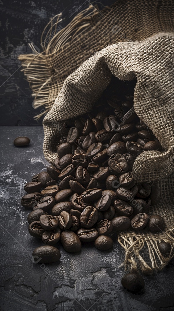 Fotografia de produto de grãos de café caindo de um saco de estopa aparência rústica ultra realista