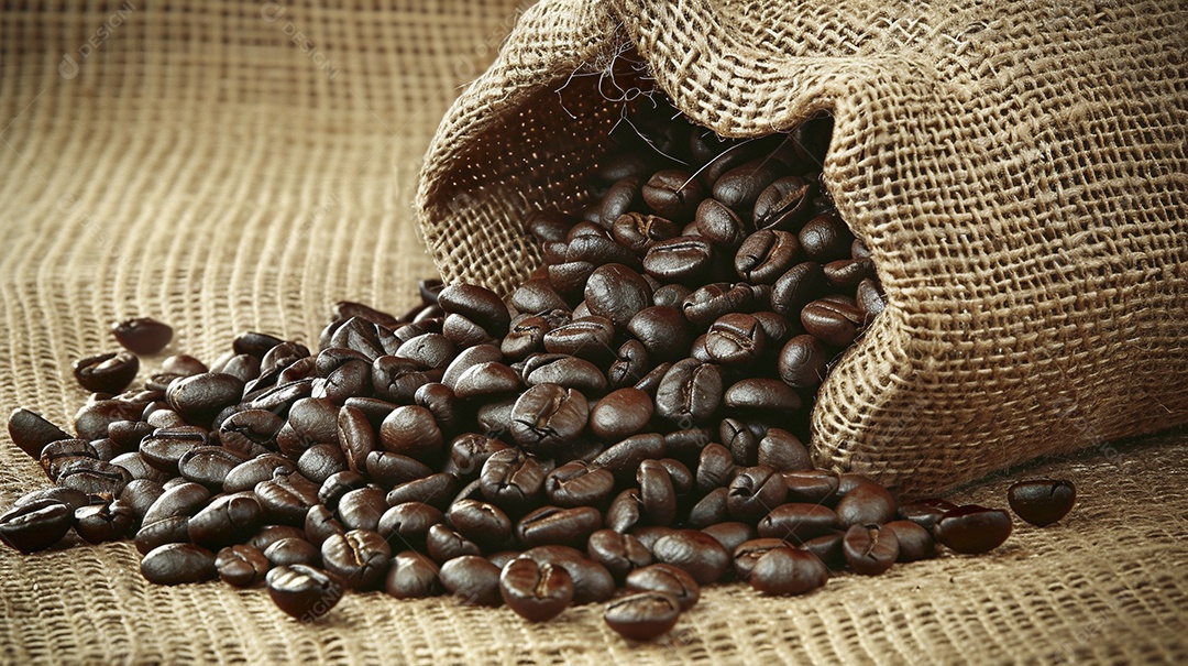 Fotografia de produto de grãos de café caindo de um saco de estopa aparência rústica ultra realista