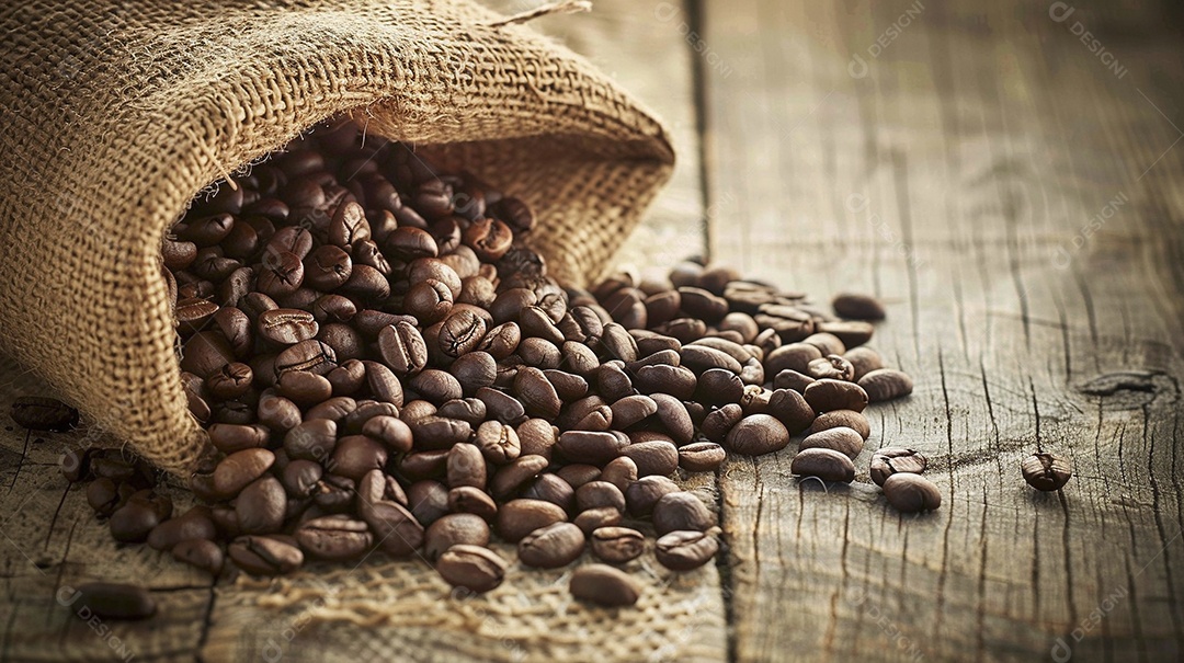 Fotografia de produto de grãos de café caindo de um saco de estopa aparência rústica ultra realista
