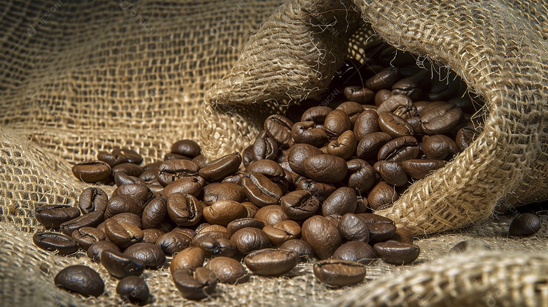 Fotografia de produto de grãos de café caindo de um saco de estopa aparência rústica ultra realista