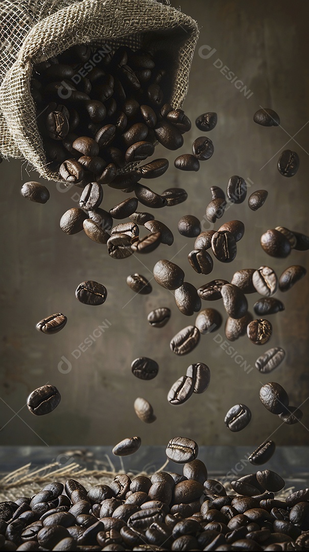 Fotografia de produto de grãos de café caindo de um saco de estopa aparência rústica ultra realista