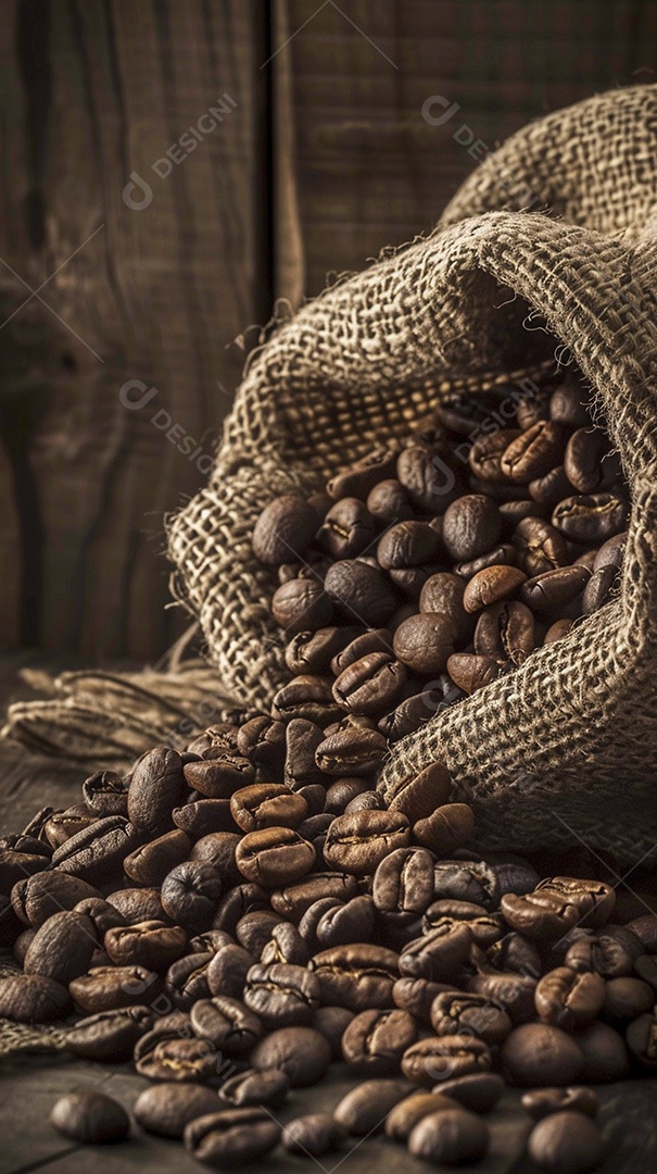 Fotografia de produto de grãos de café caindo de um saco de estopa aparência rústica ultra realista