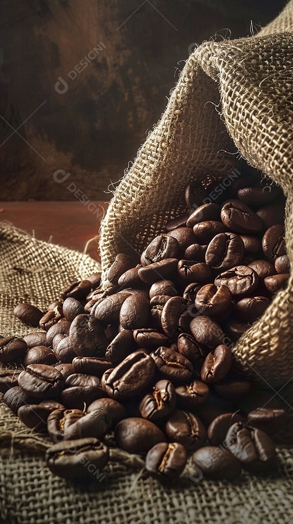 Fotografia de produto de grãos de café caindo de um saco de estopa aparência rústica ultra realista
