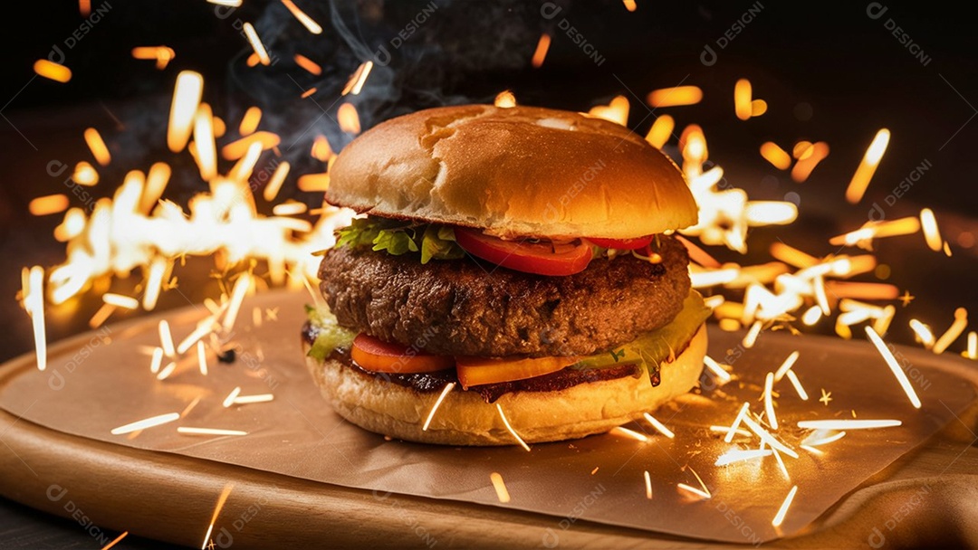 Tábua de madeira com hamburguer sensacional