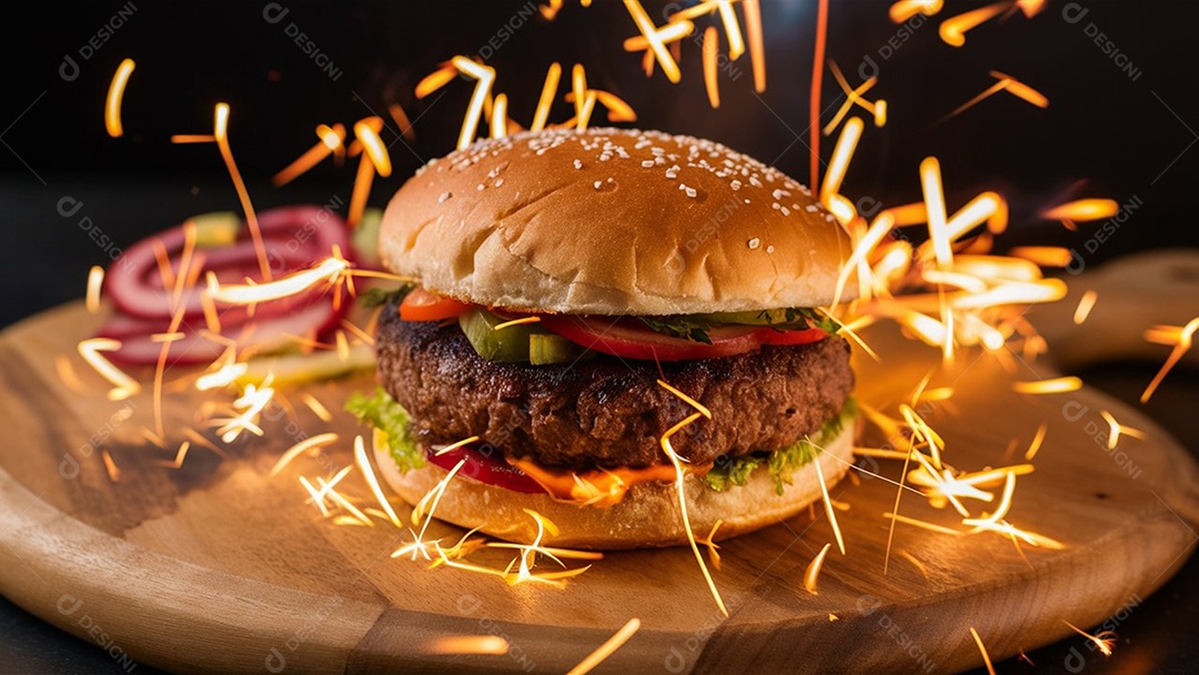 Hamburguer sobre uma tábua de madeira