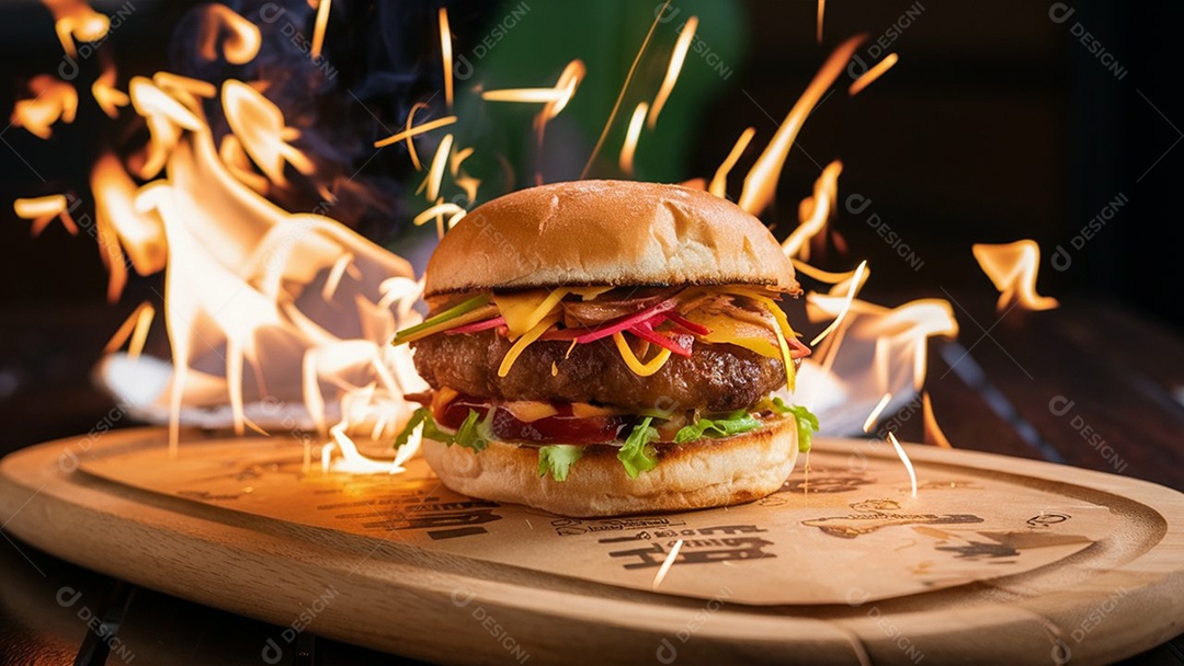 Tábua de madeira com hamburguer