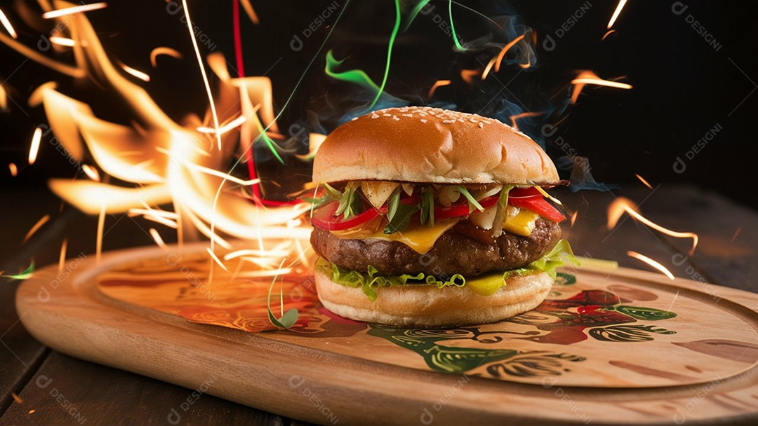 Hamburguer delicioso gigante sobre tábua de madeira