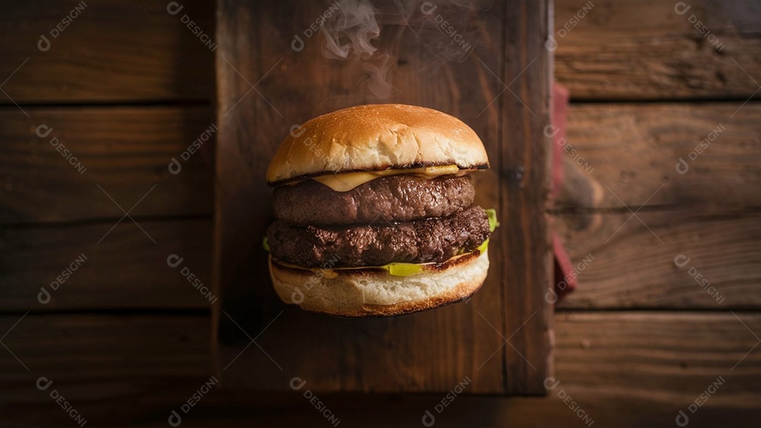 Hambúrguer duplo carne delicioso sobre tábua de madeira