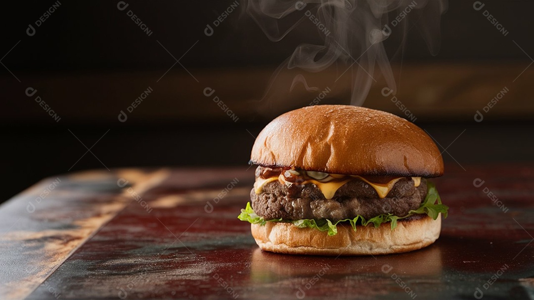 Hambúrguer gourmet na tabua de madeira