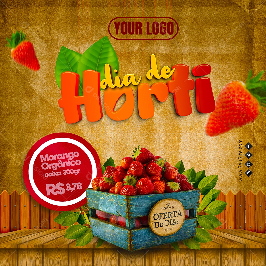 Dia de Hortifruti Oferta Morango Orgânico Social Media PSD Editável