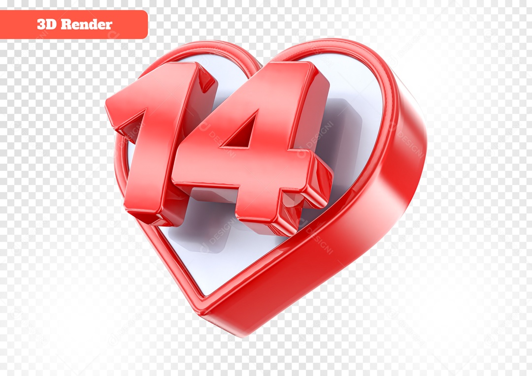 Número 3D 14 com Coração Vermelho para Composição PSD
