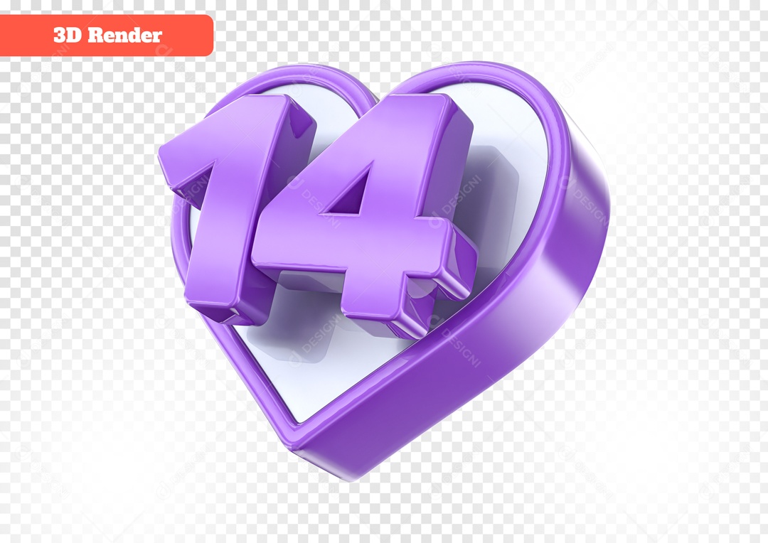 3D Number 14 with Heart for PSD Composition