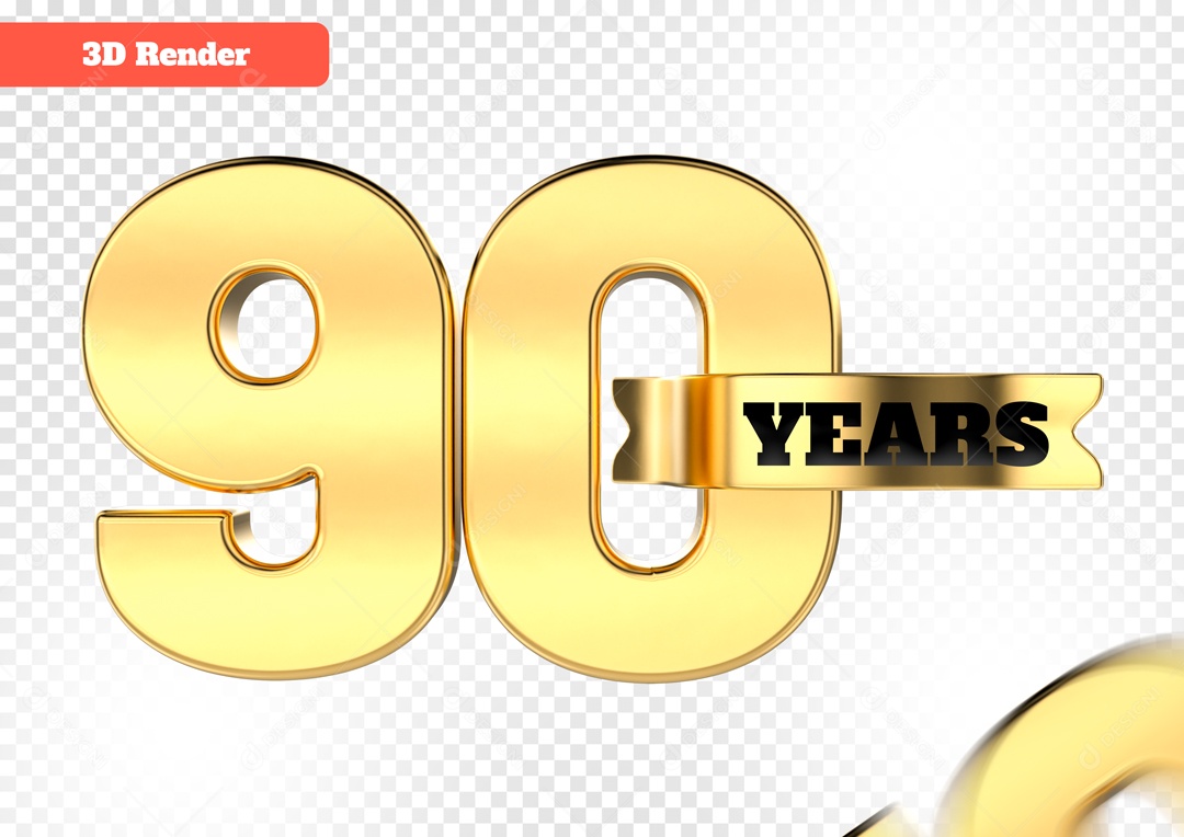 Número 3D 90 Anos Dourado para Composição PSD