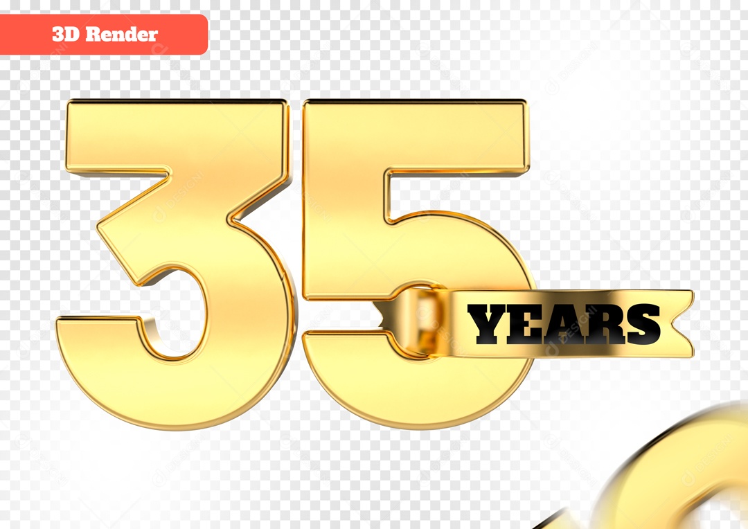 Número 3D 35 Anos Dourado para Composição PSD