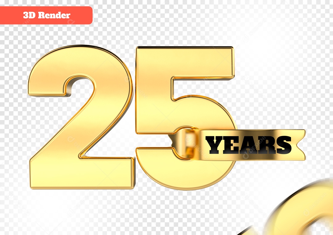 Número 3D 25 Anos Dourado para Composição PSD