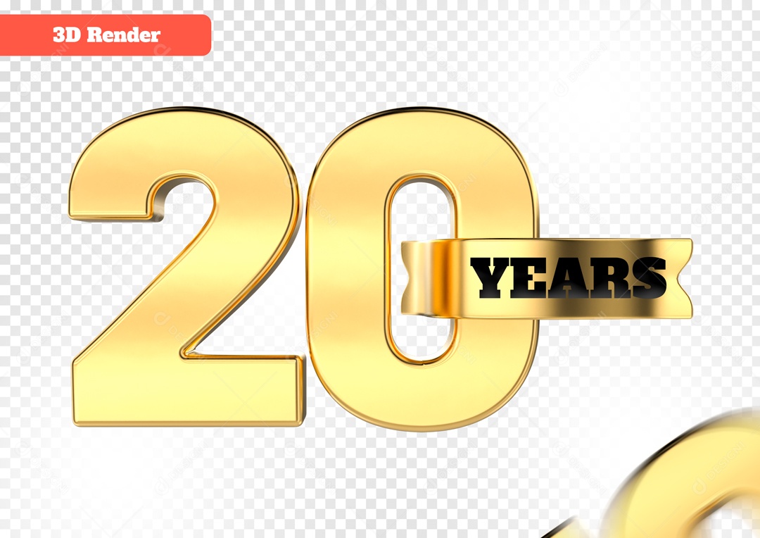 Número 3D 20 Anos Dourado para Composição PSD