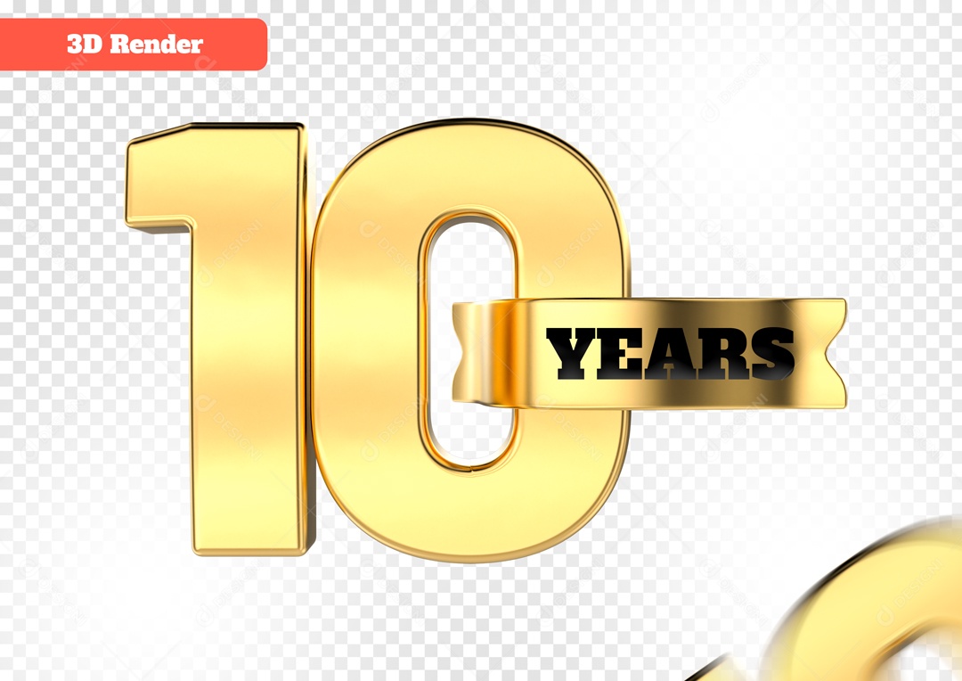 Número 3D 10 Anos Dourado para Composição PSD