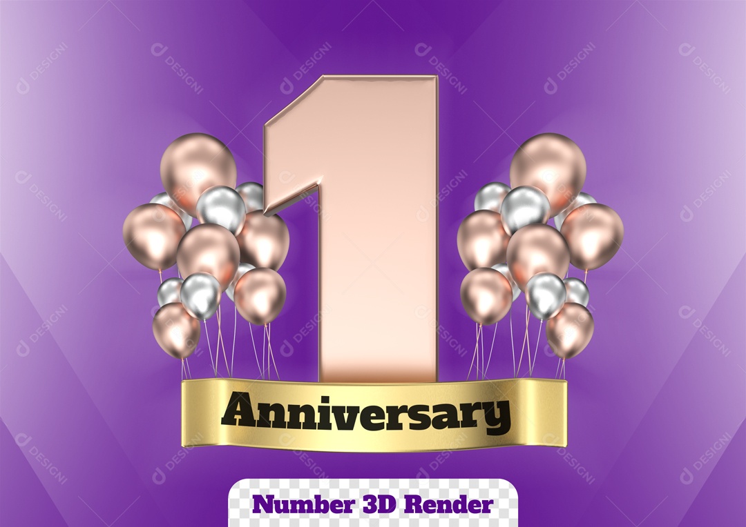 Número 3D 1 com Balões Rosa para Composição PSD