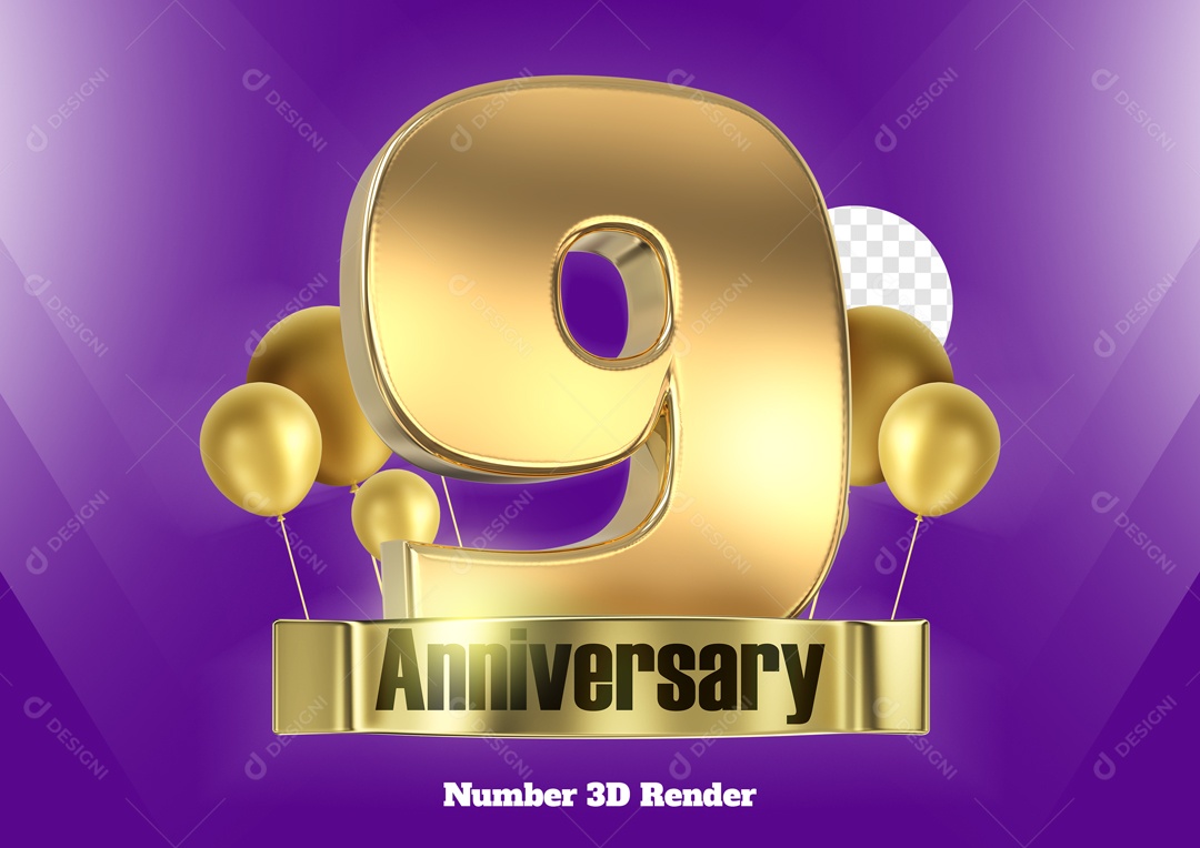Número 3D 9 com Balões Dourado para Composição PSD