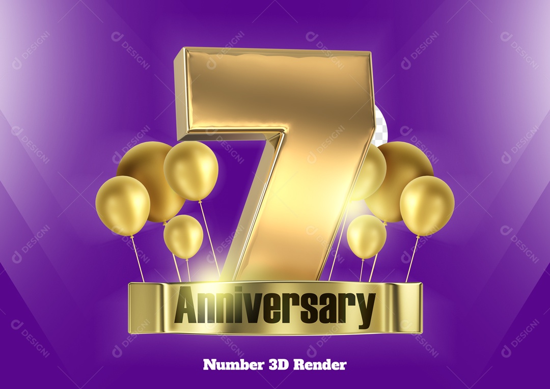 Número 3D 7 com Balões Dourado para Composição PSD