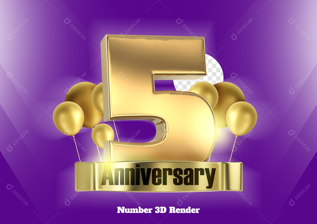 Número 3D 5 com Balões Dourado para Composição PSD