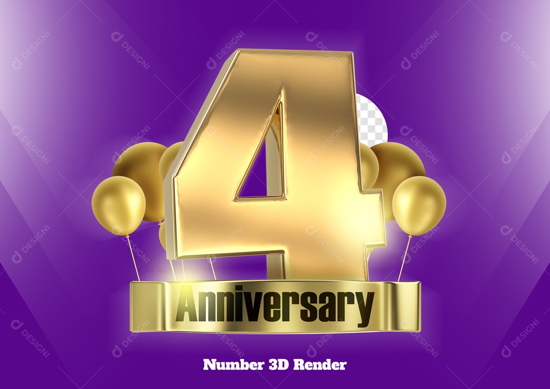 Número 3D 4 com Balões Dourado para Composição PSD