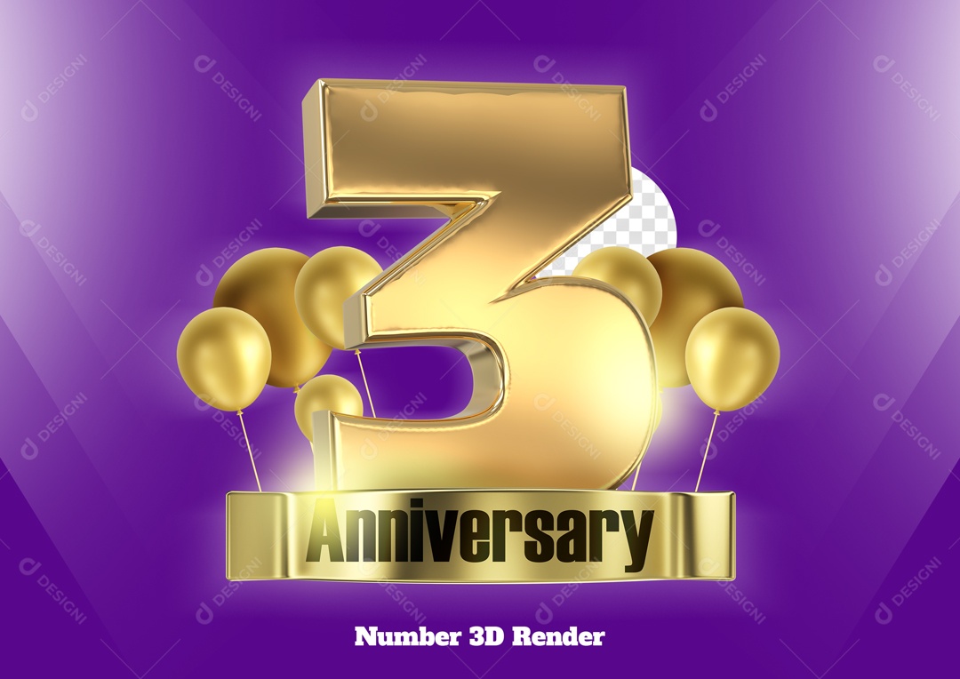 Número 3D 3 com Balões Dourado para Composição PSD