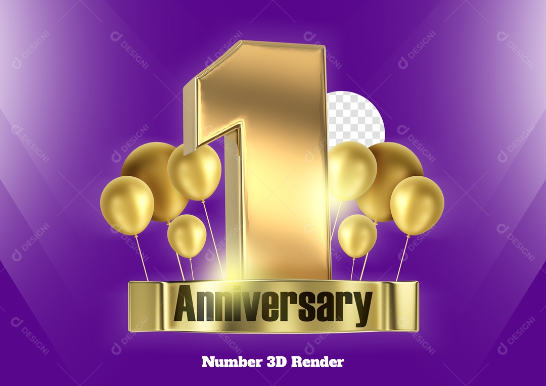 Número 3D 1 com Balões Dourado para Composição PSD