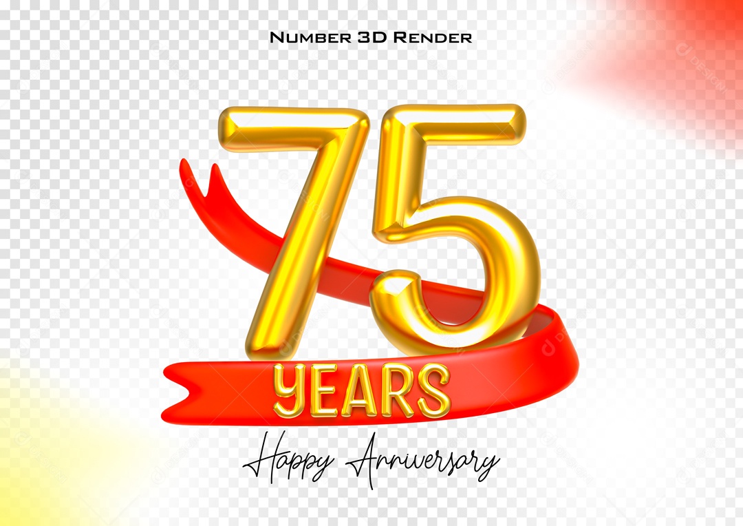 Número 3D 75 Anos Dourado para Composição PSD