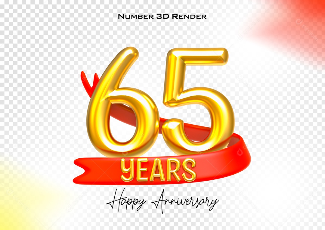Número 3D 65 Anos Dourado para Composição PSD