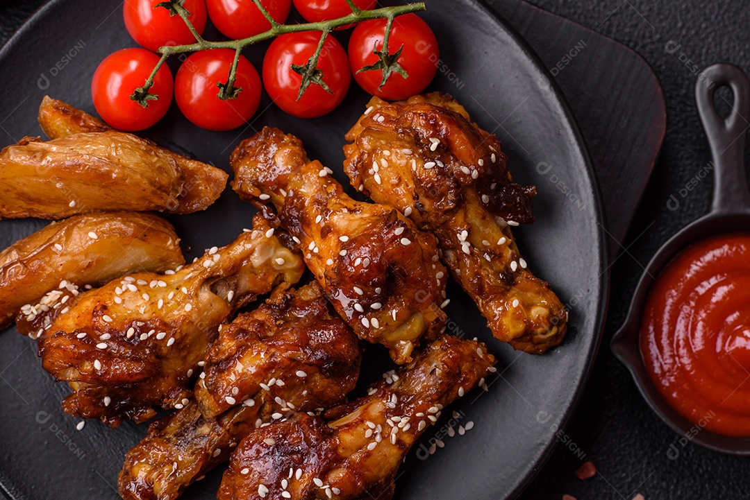 Frango frito saboroso sobre tábua de madeira