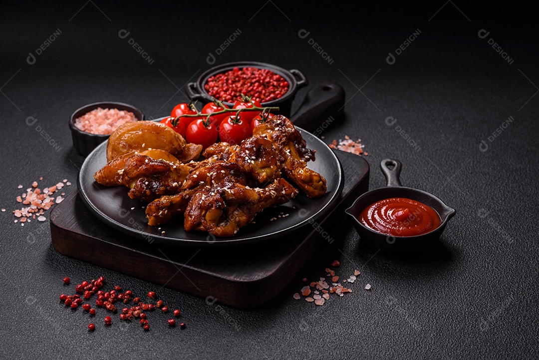 Frango frito saboroso sobre tábua de madeira