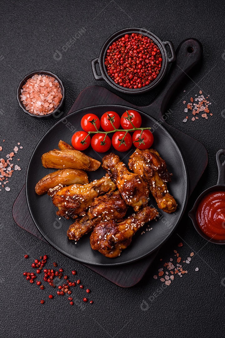 Frango frito saboroso sobre tábua de madeira