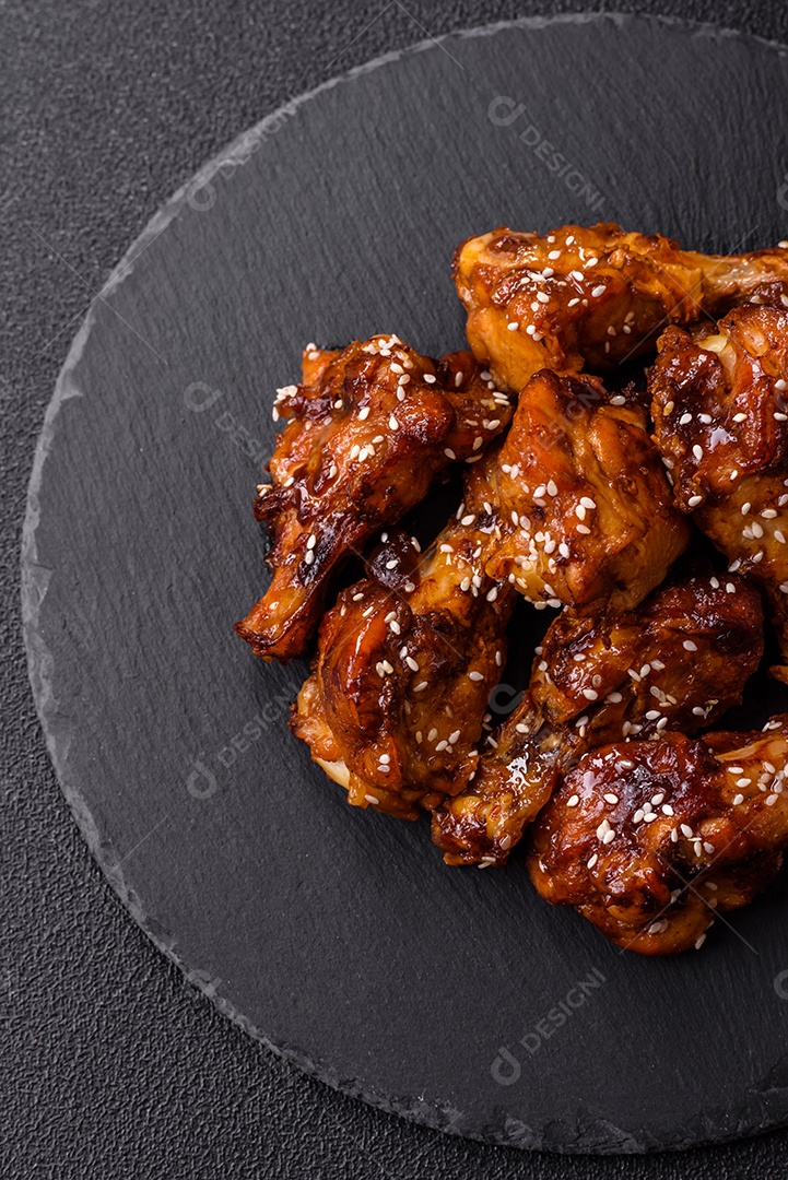 Frango frito saboroso sobre tábua de madeira