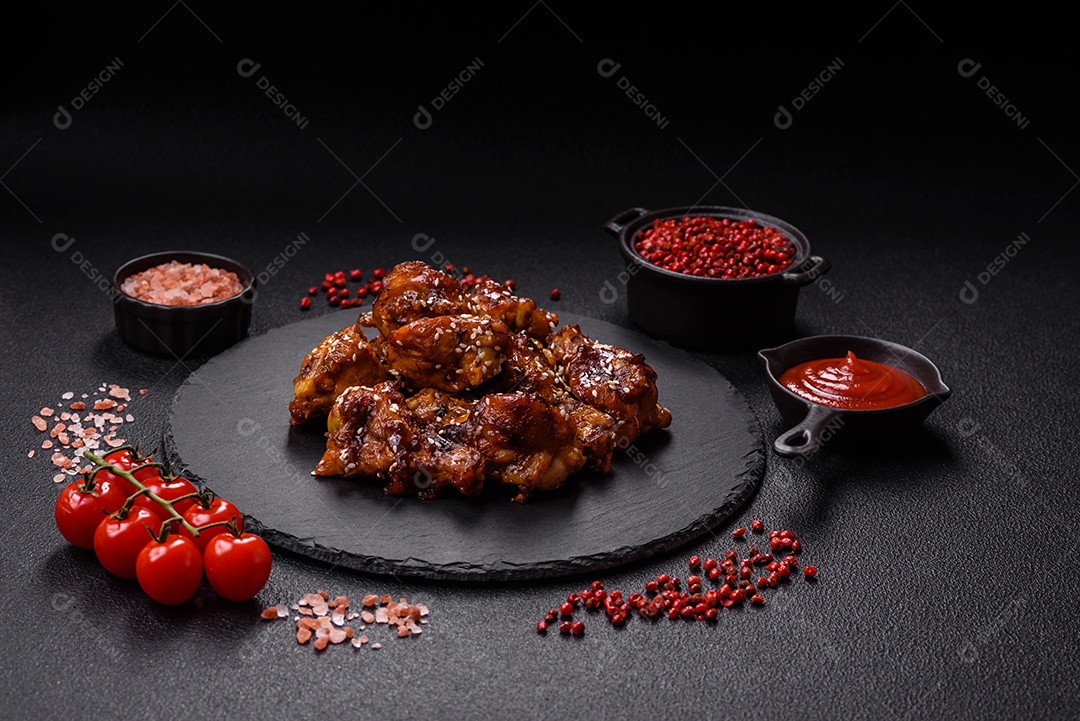 Frango frito saboroso sobre tábua de madeira