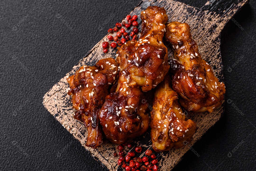 Frango frito saboroso sobre tábua de madeira