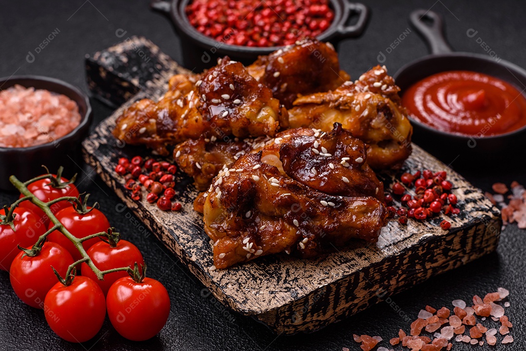 Frango frito saboroso sobre tábua de madeira