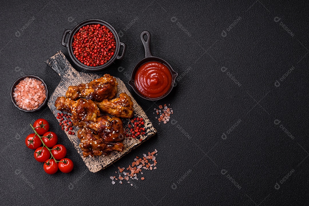 Frango frito saboroso sobre tábua de madeira