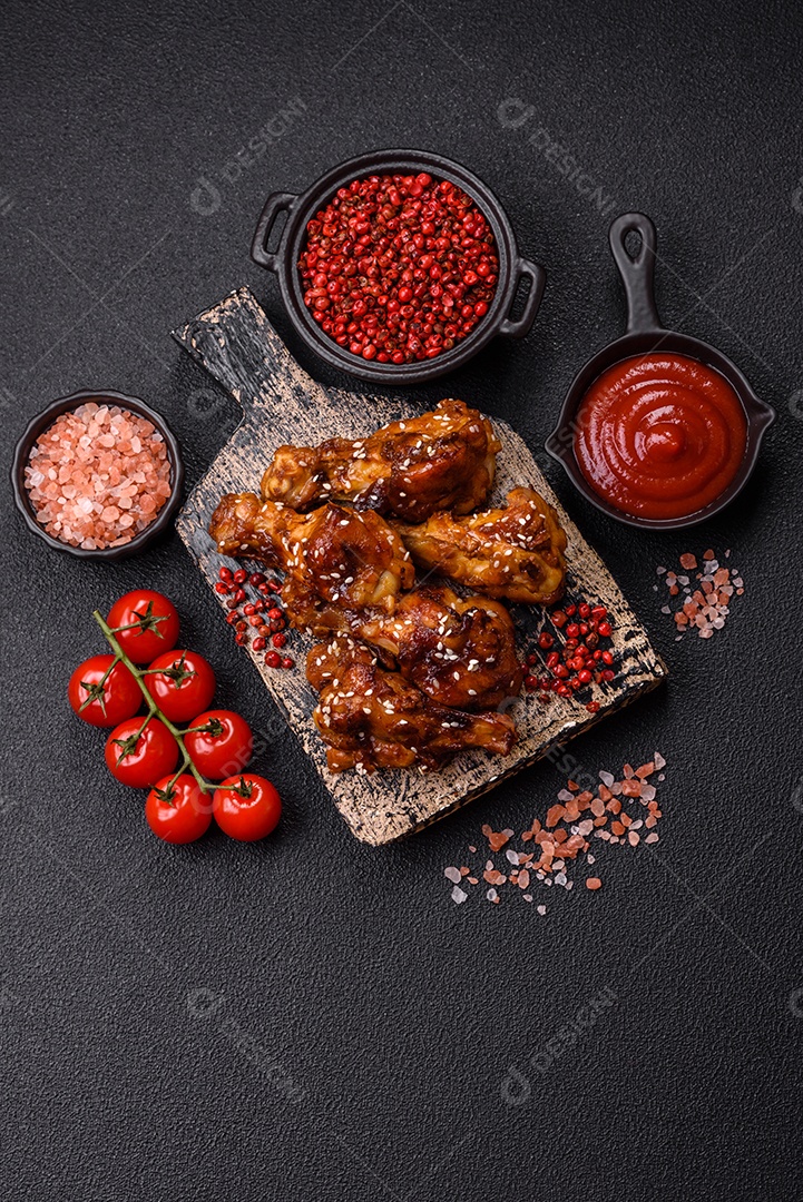 Frango frito saboroso sobre tábua de madeira