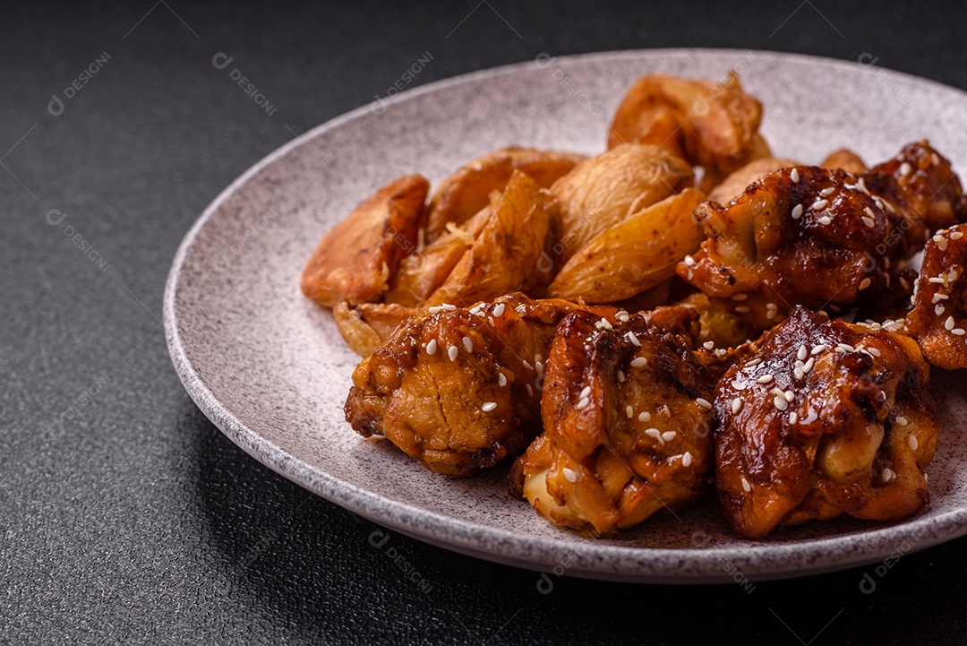 Frango frito saboroso sobre tábua de madeira