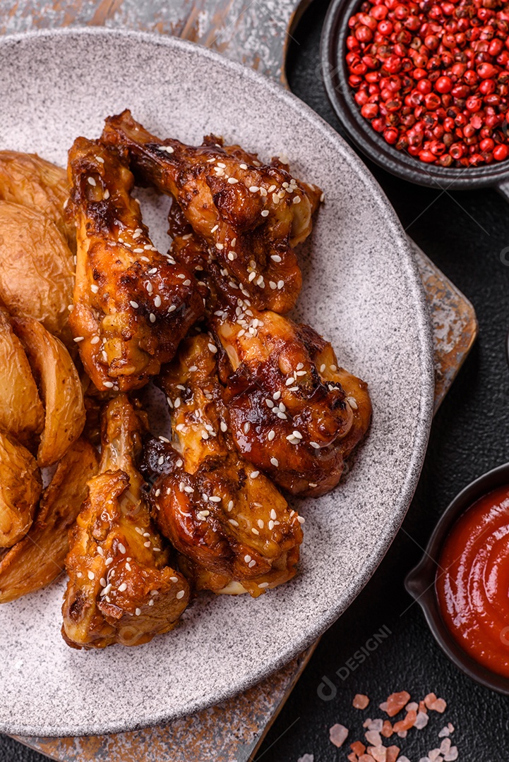Frango frito saboroso sobre tábua de madeira