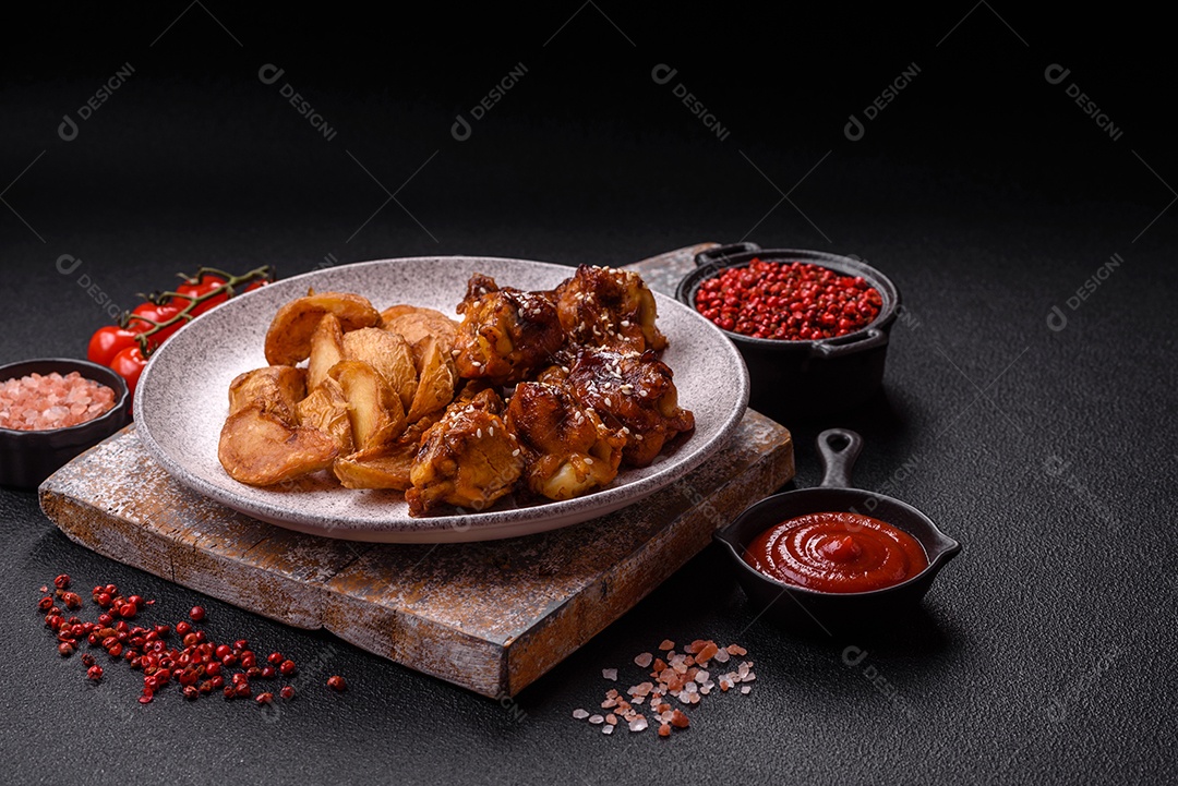 Frango frito saboroso sobre tábua de madeira