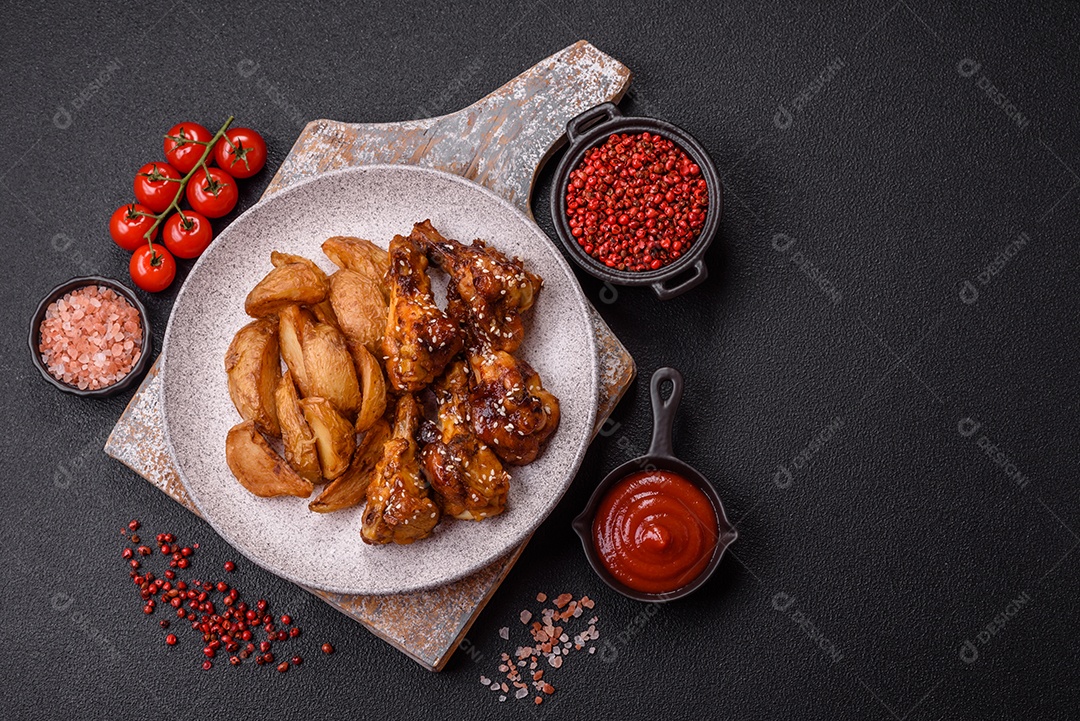 Frango frito saboroso sobre tábua de madeira