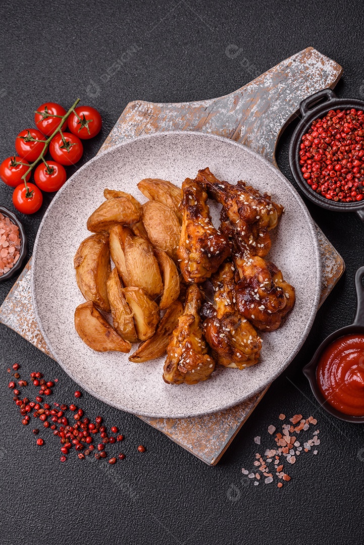 Frango frito saboroso sobre tábua de madeira