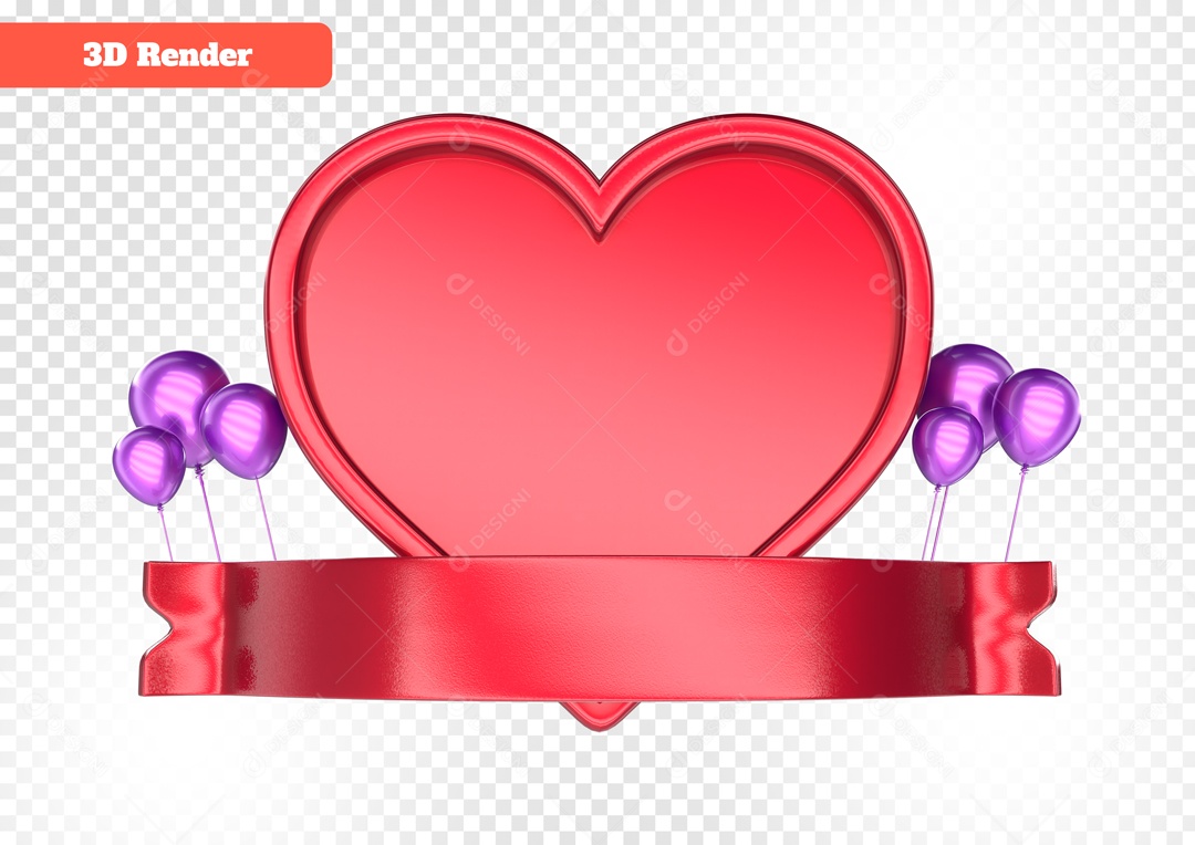 Coração com Faixa e Balões Elemento 3D para Composição PSD